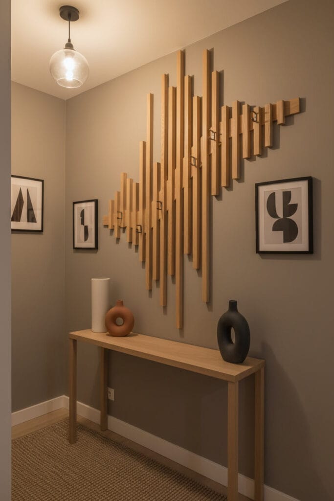 Porte-manteau en tasseaux bois dans une entrée contemporaine, fonctionnel et décoratif.