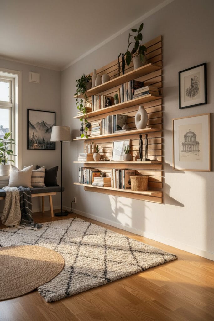 Entrée scandinave avec étagères aérées construites en tasseau bois et accessoires variés.