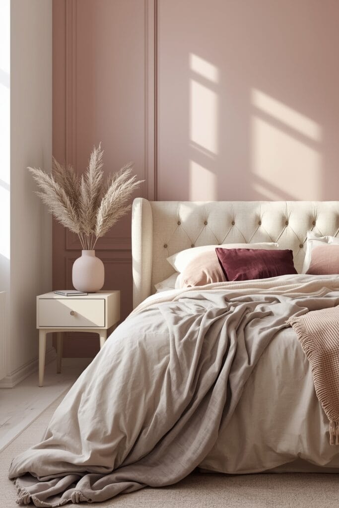 Chambre Romantique avec une palette de couleurs douces, lit et mur rose poudré