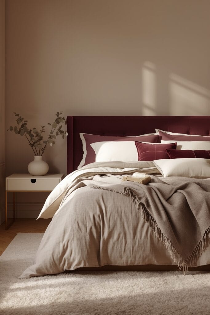 Chambre Romantique avec tête de lit bordeaux et palette de couleurs douces et profondes