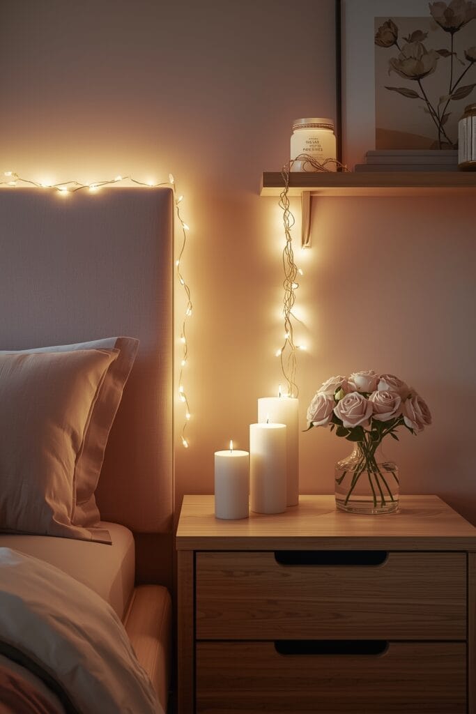 Chambre Romantique avec guirlandes lumineuses et bougies créant une atmosphère intime