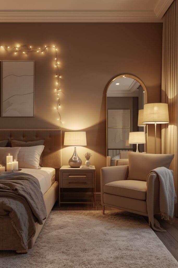 Chambre Romantique avec éclairage multiple, guirlandes lumineuses et bougies