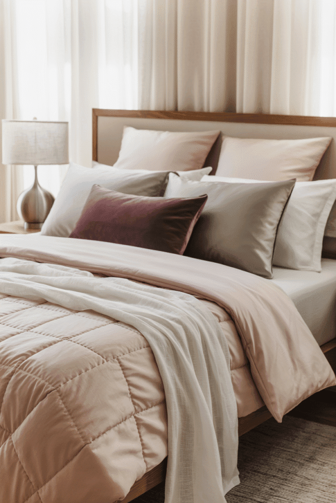 Chambre Romantique avec literie en rose poudré et superpositions de textiles