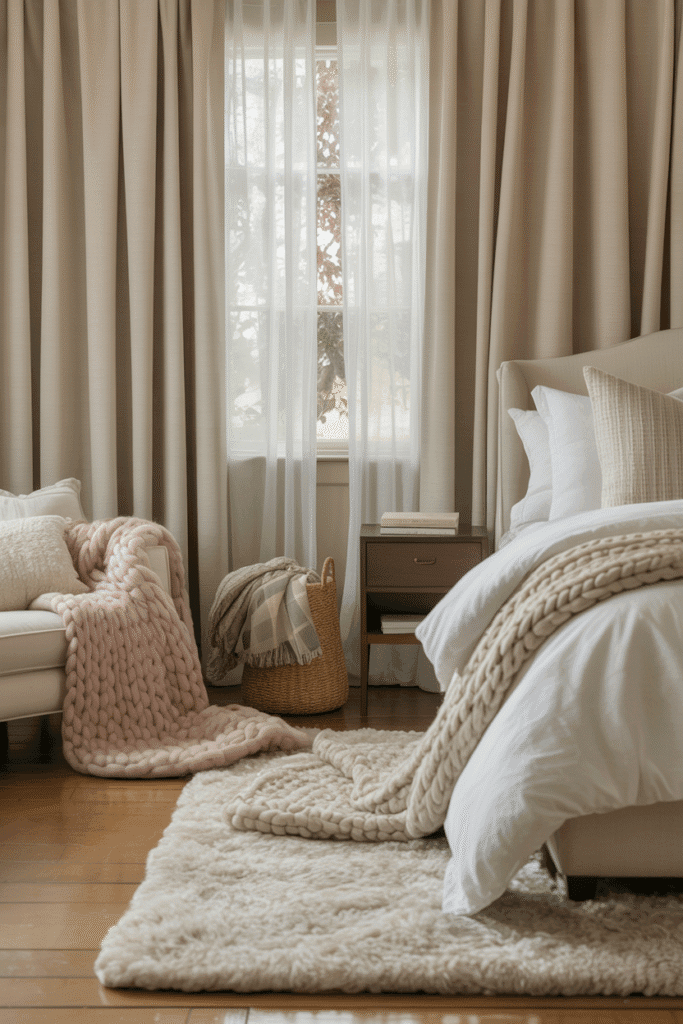 Chambre Romantique avec rideaux épais, tapis moelleux et collection de plaids
