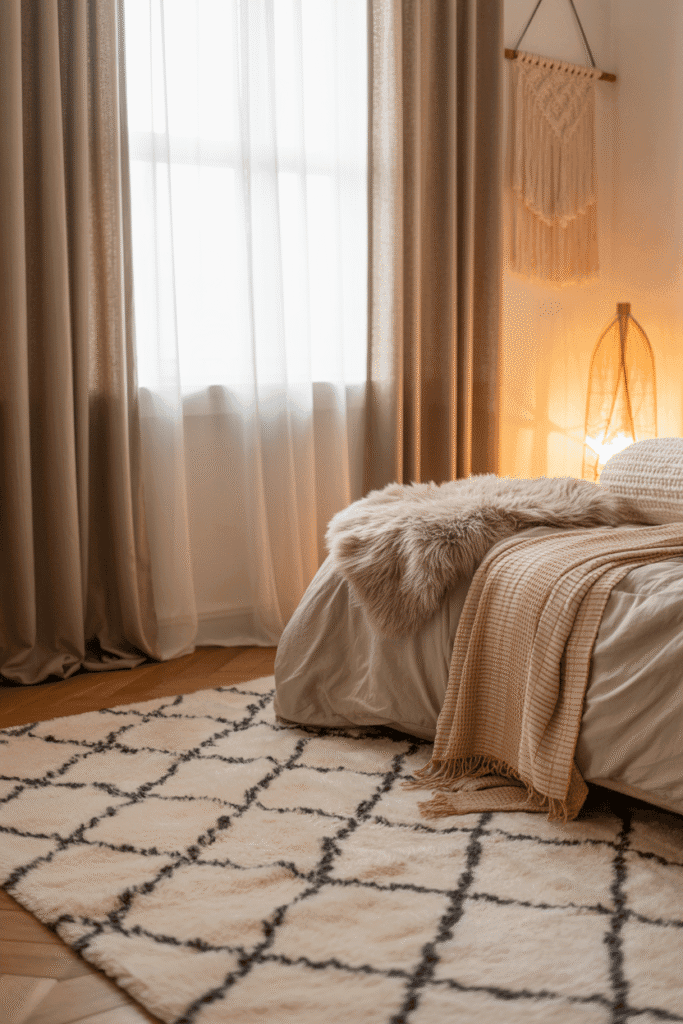 Chambre Romantique avec tapis berbère, rideaux texturés et plaids superposés