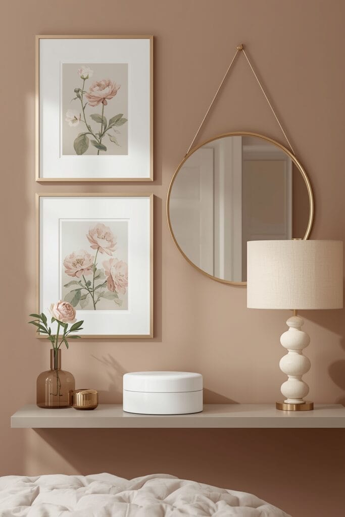 Chambre Romantique avec galerie de cadres modernes, miroir doré et objets décoratifs sur étagère