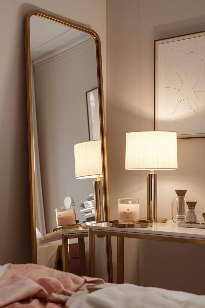 Chambre Romantique avec miroir doré, console et objets décoratifs délicats