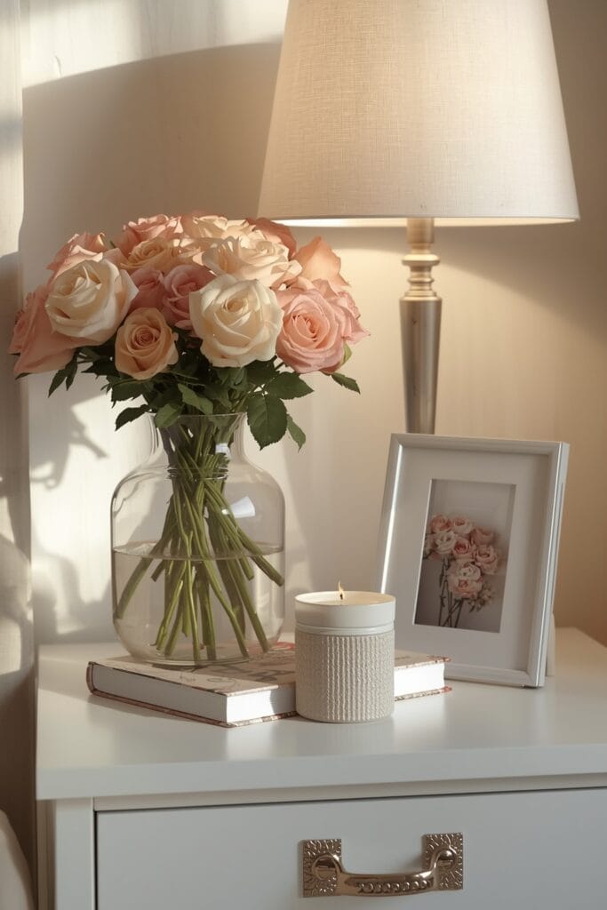 Chambre Romantique avec bouquet de roses fraîches, bougie et livres sur table de chevet