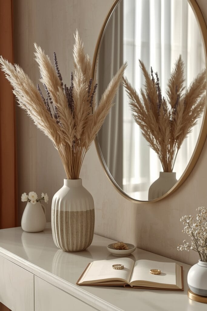Chambre Romantique avec fleurs séchées, vase céramique et miroir doré