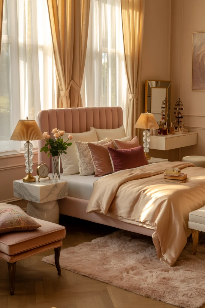 Chambre Romantique avec lit central somptueux, coin vanité et décoration florale raffinée