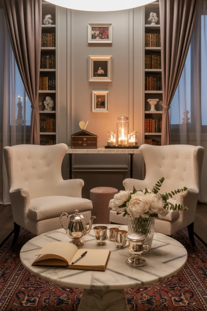 Chambre Romantique avec coin salon raffiné, bibliothèque et décoration intimiste