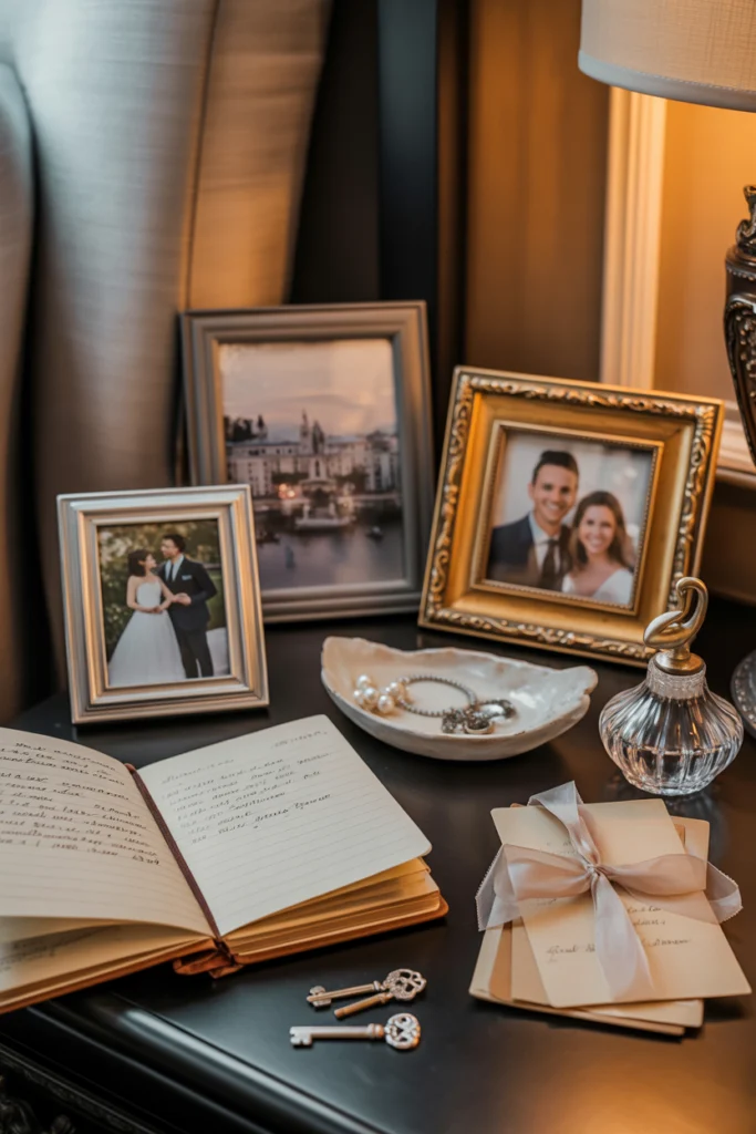 Chambre Romantique avec souvenirs personnels, photos encadrées et objets intimes sur table de chevet