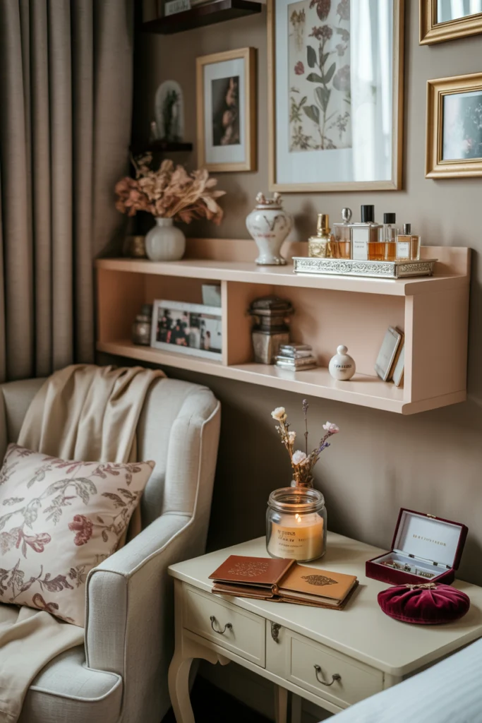 Chambre Romantique avec étagère à souvenirs, coin lecture et objets personnels