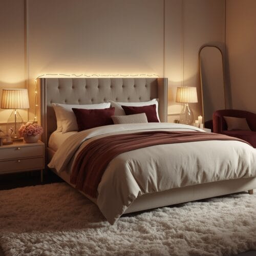 Chambre Romantique moderne avec lit douillet, éclairage tamisé et décoration cosy