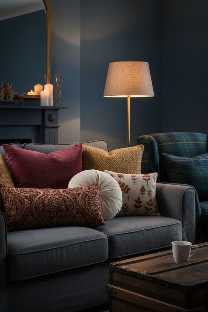 Un salon du soir avec une superposition généreuse de coussins aux tons chaleureux, style Cottage Anglais.