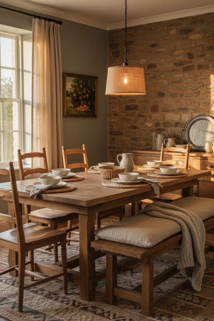 Une salle à manger chaleureuse mettant en scène les matériaux bois, pierre et toile du style Cottage Anglais, éclairée par la lumière douce de fin de journée.