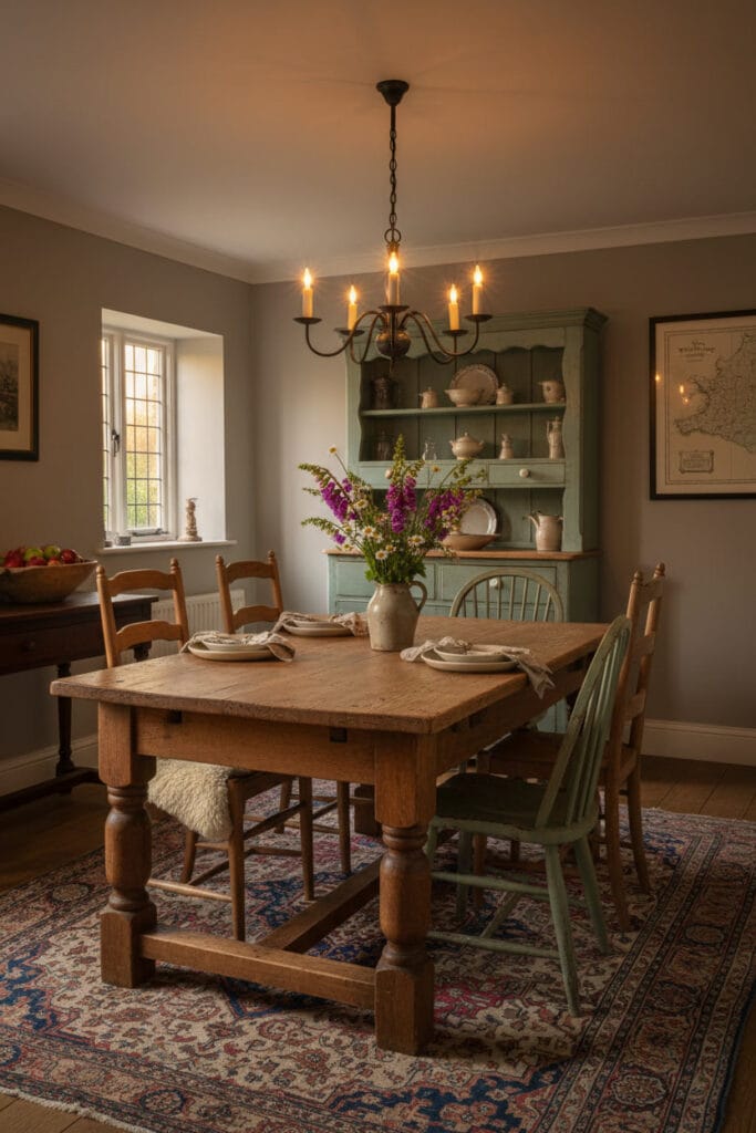 Une salle à manger chaleureuse avec une table en chêne rustique et un buffet ancien peint, style Cottage Anglais, en fin de journée.