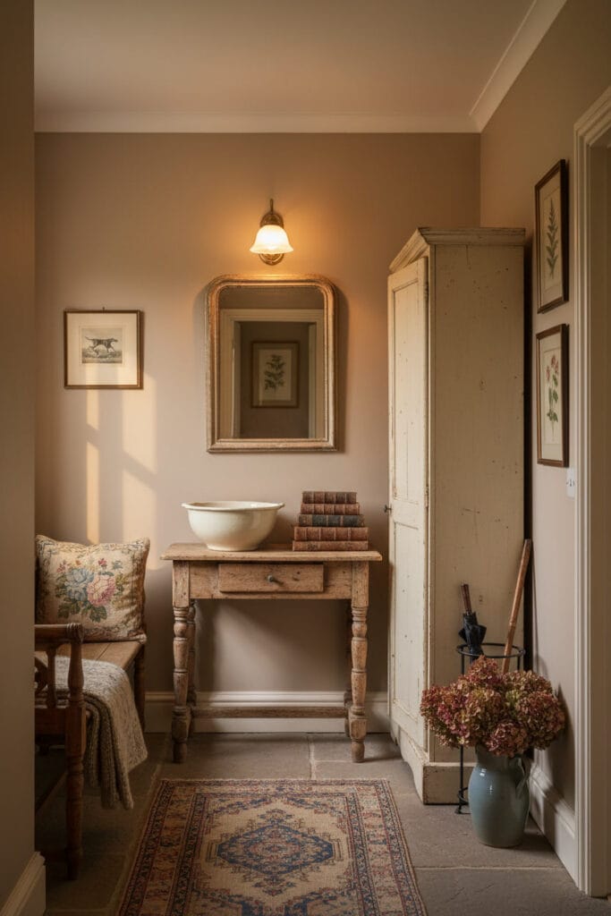 Un couloir d'entrée avec console, miroir ancien et armoire peinte en style Cottage Anglais, éclairé par une lumière douce de fin de journée.