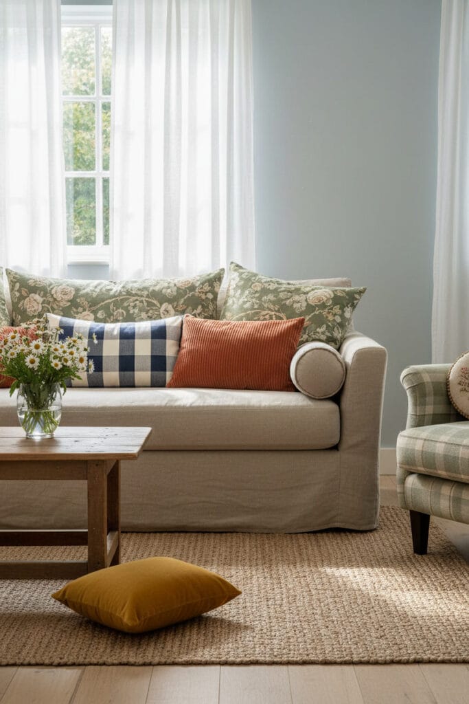 Un salon de jour illustrant l'art de la superposition de coussins dans le style Cottage Anglais, avec mélange de motifs floraux, rayés et textures.