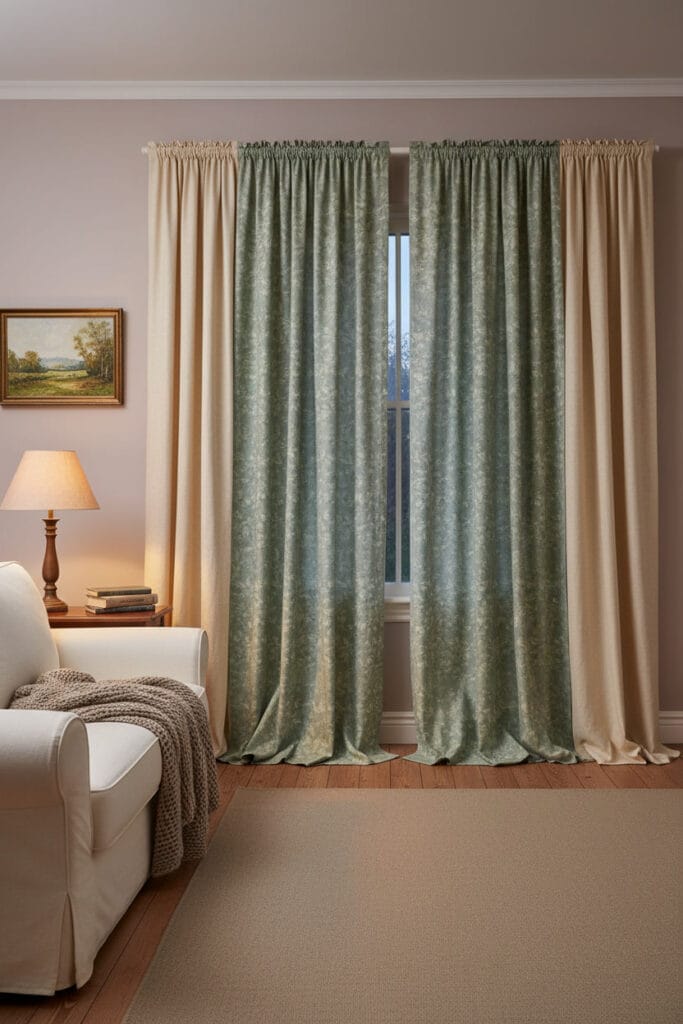 Un salon au crépuscule mettant en avant de grands rideaux épais en lin vert sauge, style Cottage Anglais, créant une ambiance tamisée.