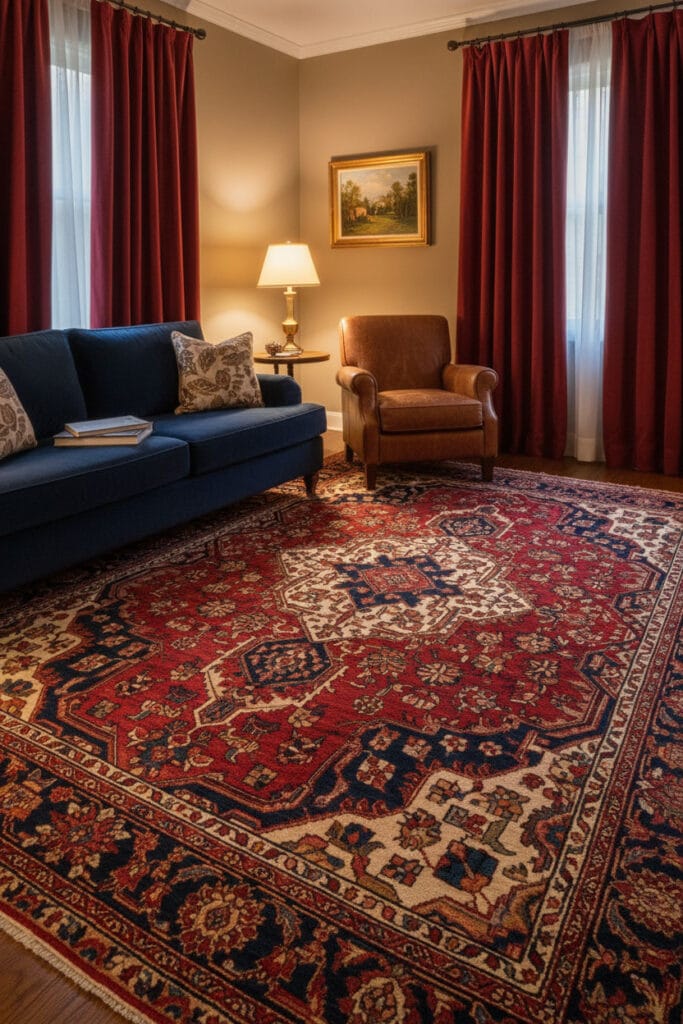 Un salon crépusculaire mettant en avant un grand tapis à motifs traditionnels rouge et bleu, style Cottage Anglais, ancrant l'espace de vie.