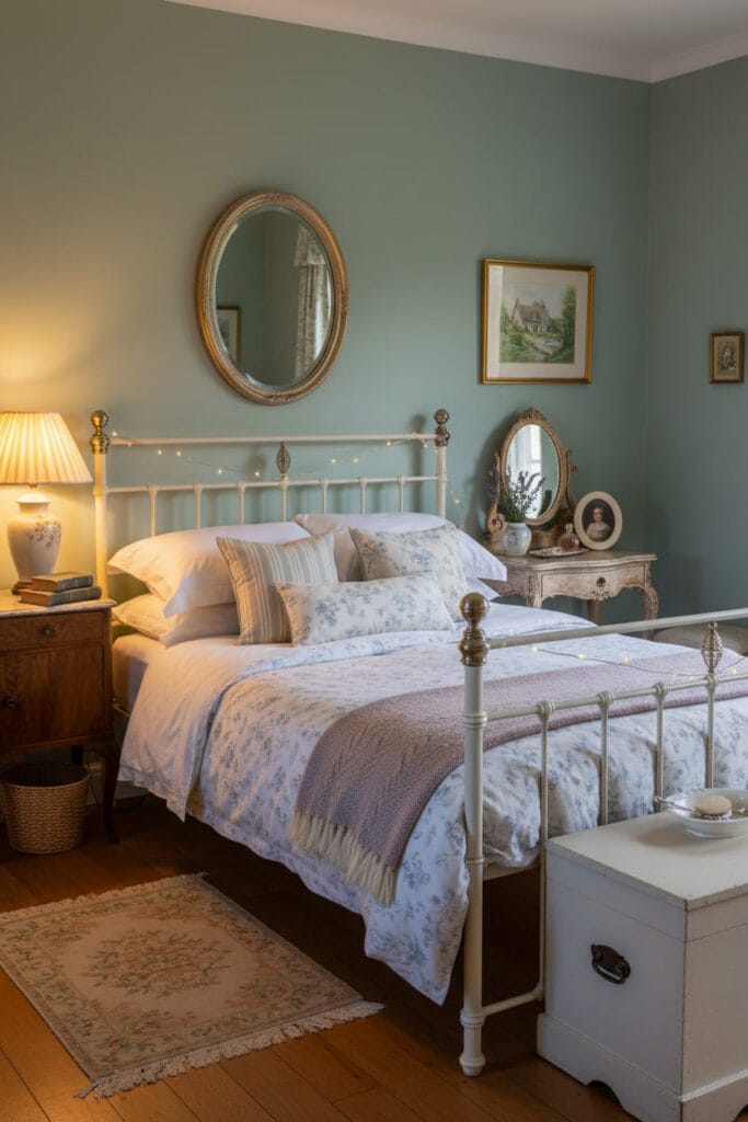 Une chambre paisible de style Cottage Anglais avec un lit en fer forgé, du linge de lit fleuri, des tables de chevet anciennes et un miroir ovale.