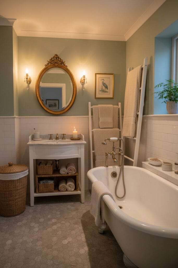Une salle de bain au charme rétro de style Cottage Anglais avec baignoire sur pieds, miroir ovale doré et nombreux accessoires en osier.