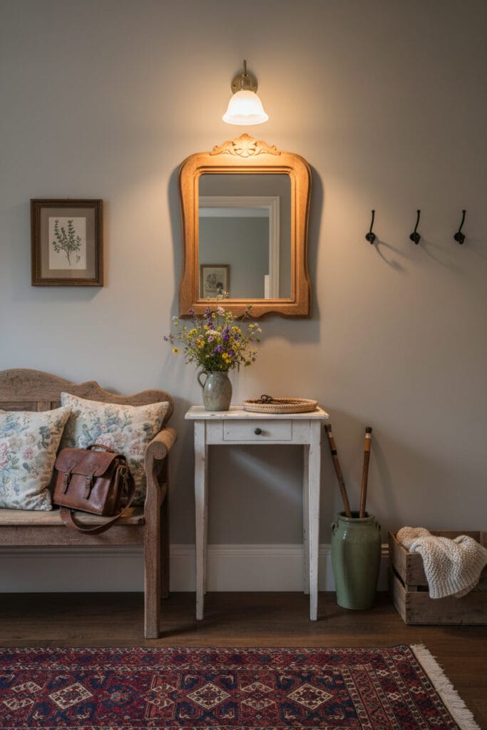 Une entrée chaleureuse de style Cottage Anglais avec un banc rustique, un miroir vintage, une console et un tapis à motifs.