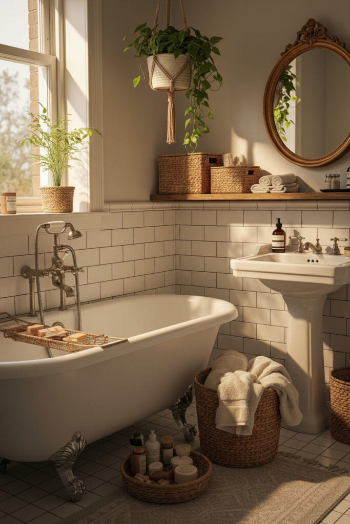 Salle de bain cottage anglais avec baignoire sur pieds et accessoires en osier