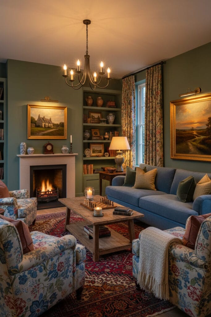 Un salon d'appartement entier et cocooning en soirée, incarnant l'idée de refuge du style Cottage Anglais avec une cheminée, des textiles luxueux et des œuvres d'art pittoresques.