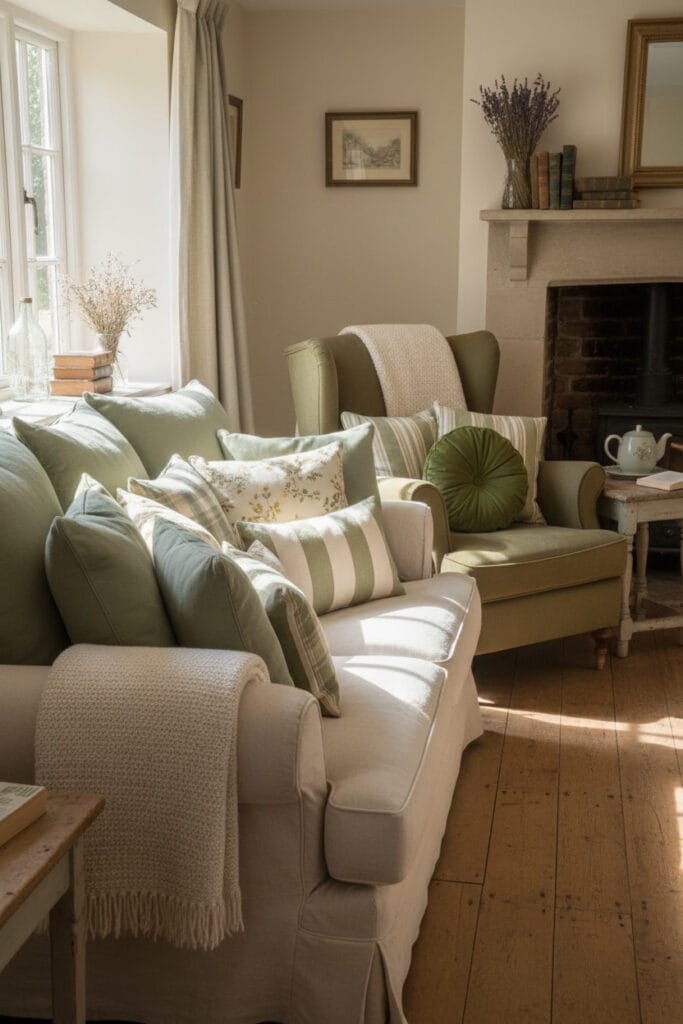 Superposition de coussins dans une décoration cottage anglais cosy