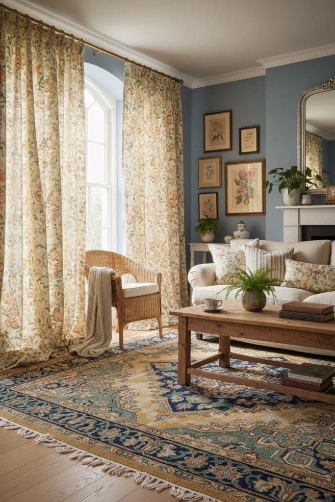Rideaux épais et tapis à motifs dans une décoration cottage anglais