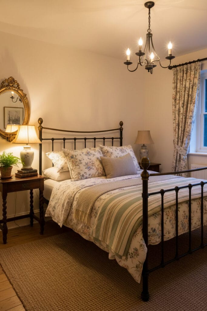 Chambre cottage anglais avec lit en fer forgé et linge floral