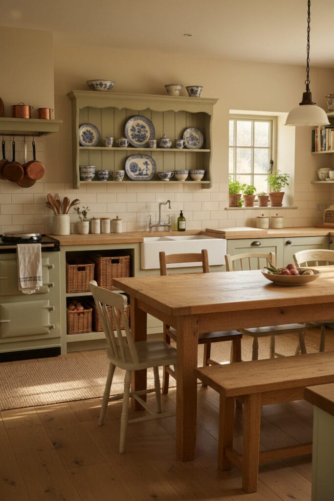 Cuisine cottage anglais avec vaisselier ouvert et grande table en bois