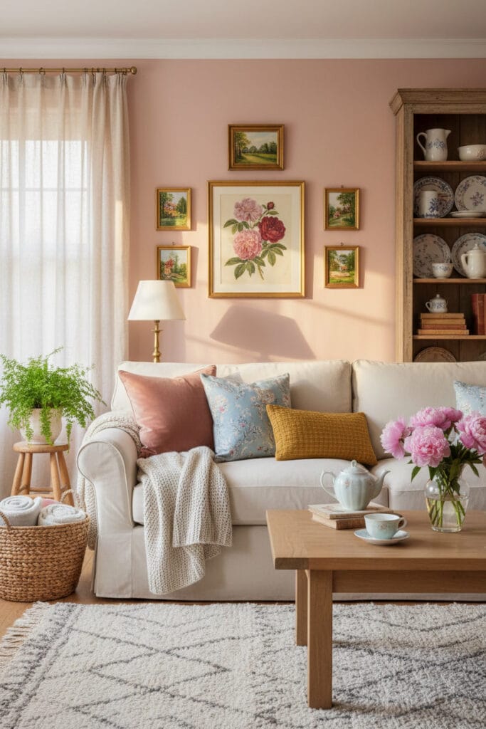 Un salon doux et coloré dans le style Cottage Anglais, avec un canapé confortable, des coussins en velours et des imprimés floraux, baigné d'une lumière dorée.