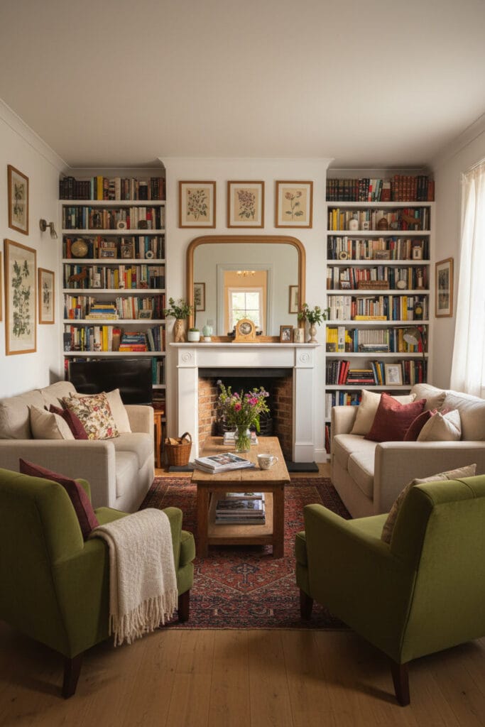 Salon cottage anglais avec cheminée centrale et bibliothèque