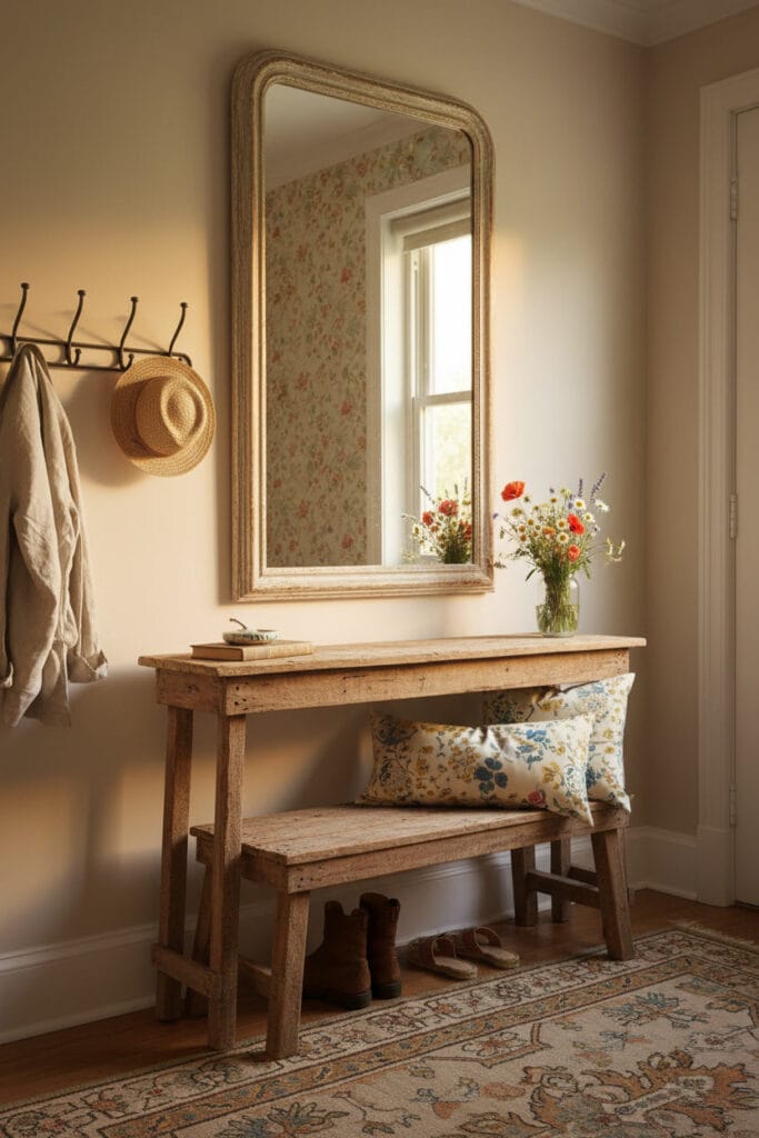 Entrée cottage anglais avec miroir vintage, banc en bois et tapis à motifs