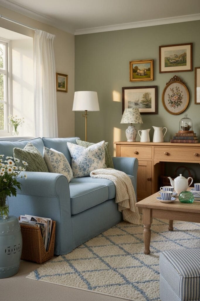 Un salon cosy aux couleurs blanc cassé, vert sauge et bleu ciel dans le style Cottage Anglais, avec une galerie d'art variée et des accessoires décoratifs typiques.