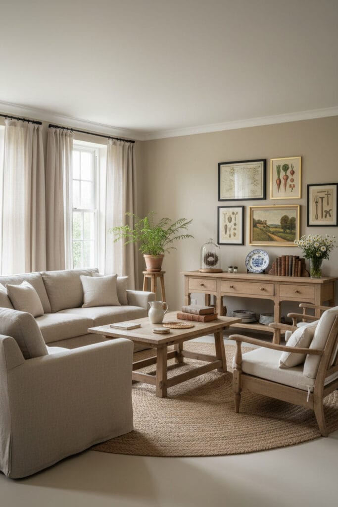 Un salon d'appartement entier, lumineux et serein, illustrant les origines simples et fonctionnelles du style Cottage Anglais avec des meubles en bois, des textiles naturels et une galerie d'art éclectique.