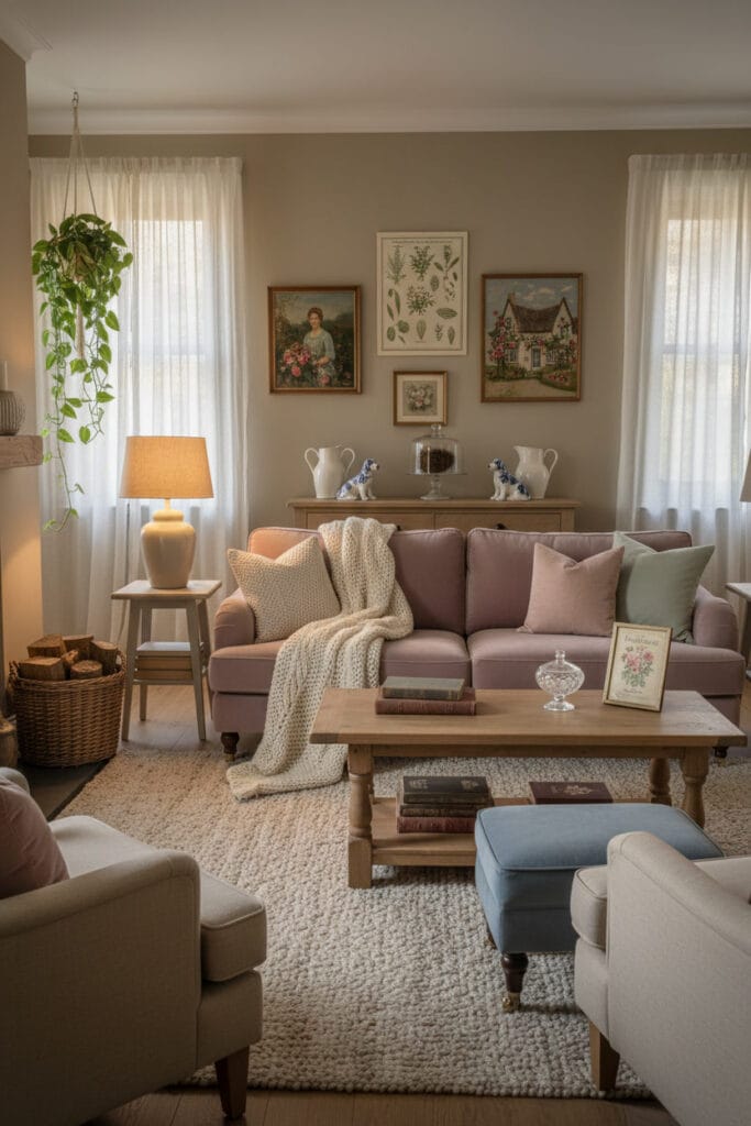 Vue complète d'un salon chaleureux aux harmonies pastel et neutres dans le style Cottage Anglais, avec canapé mauve et galerie d'art éclectique.