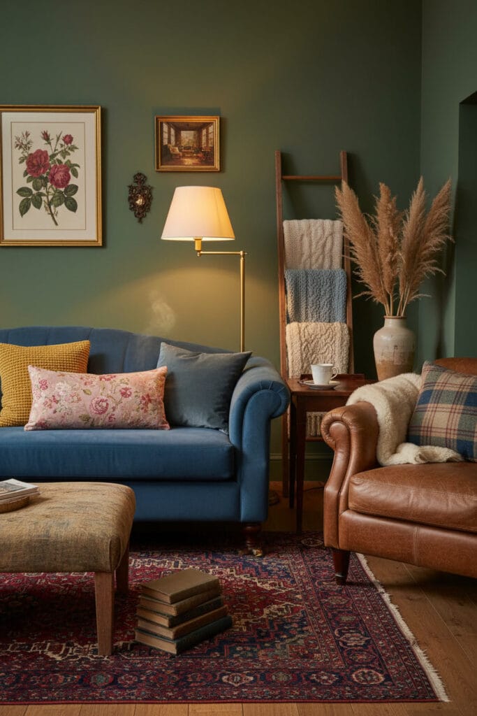 Ambiance soirée cosy avec un canapé velours bleu et un fauteuil en cuir confortables, typiques du style Cottage Anglais.