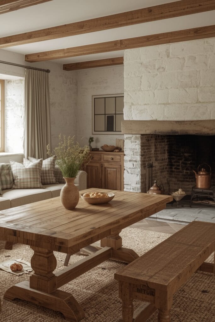 Intérieur authentique et fonctionnel d'un cottage anglais avec cheminée en pierre et mobilier en bois