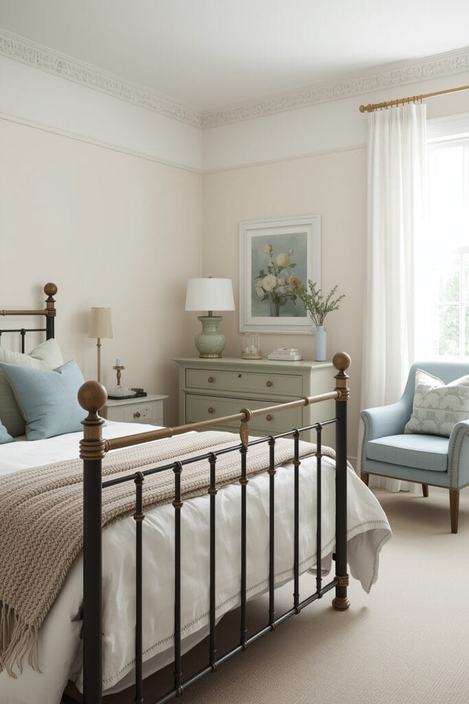 Chambre cottage anglais aux couleurs douces blanc cassé, vert sauge et bleu ciel avec lit en fer forgé