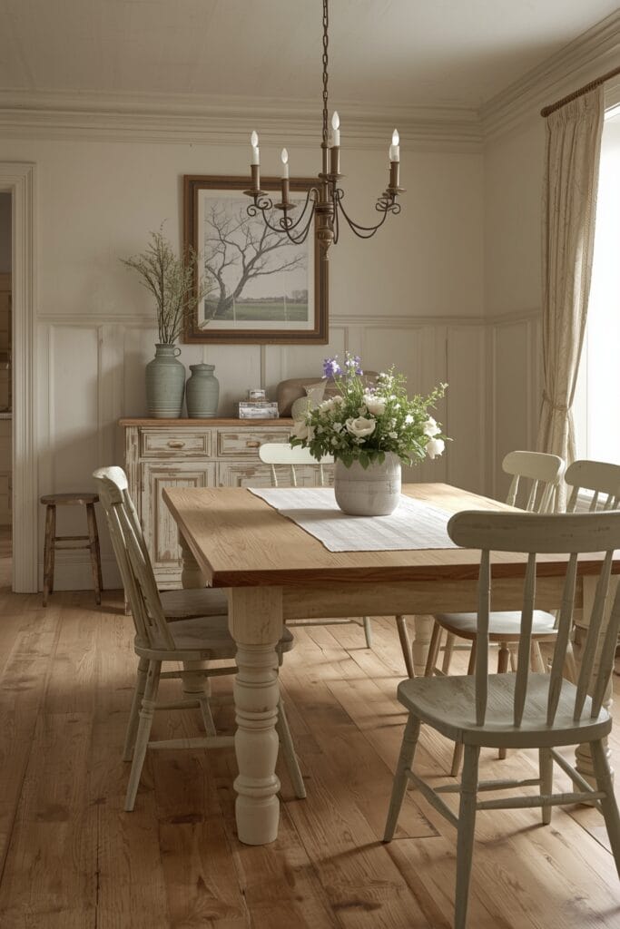 Salle à manger cottage anglais avec table en chêne rustique et buffet ancien peint