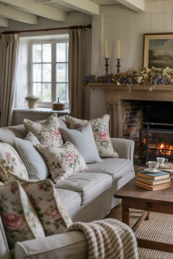 Intérieur cottage anglais authentique avec canapé, coussins superposés et cheminée en pierre
