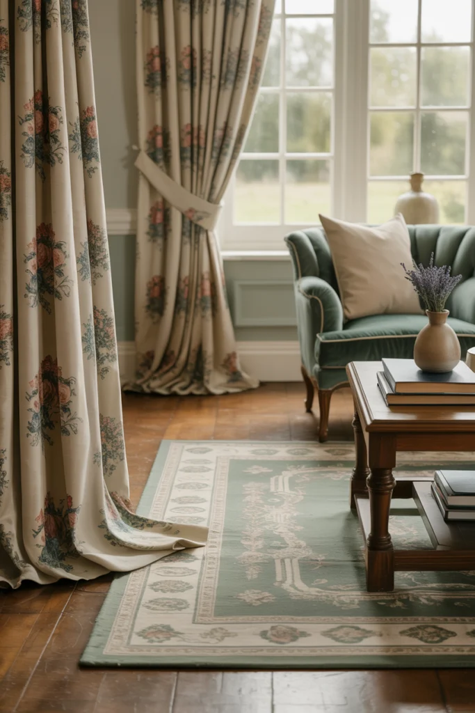 Rideaux épais et tapis à motifs dans un salon cottage anglais