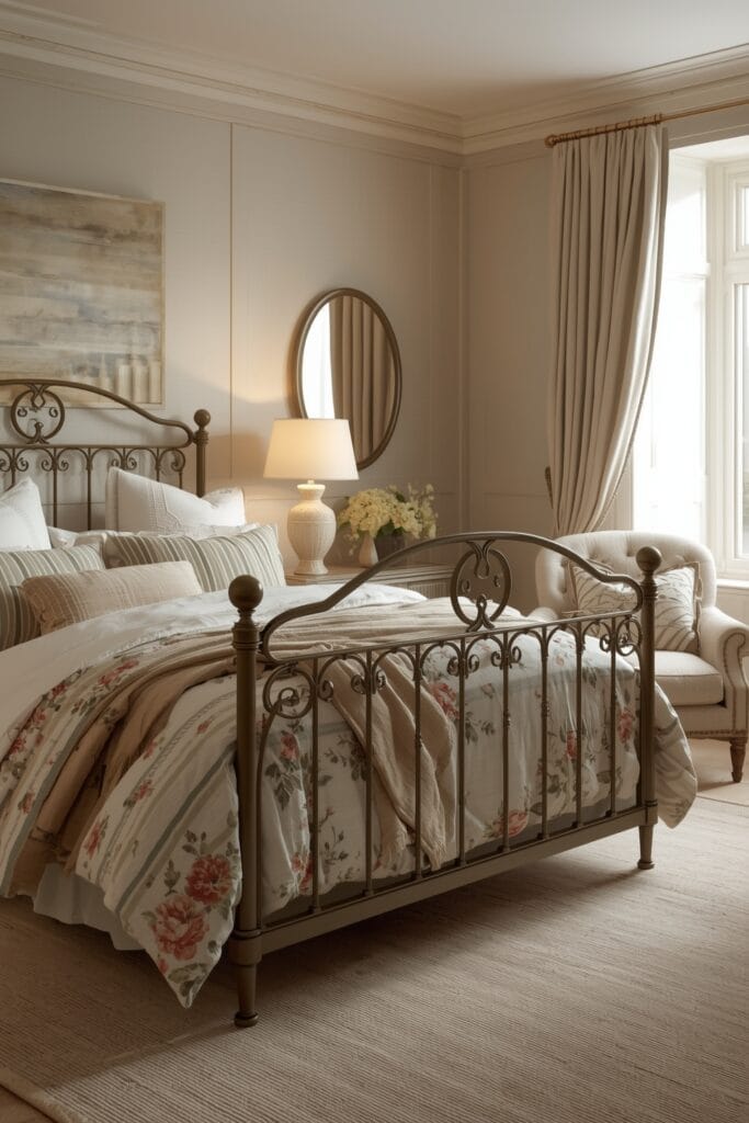 Chambre cottage anglais avec lit en fer forgé et linge de lit fleuri