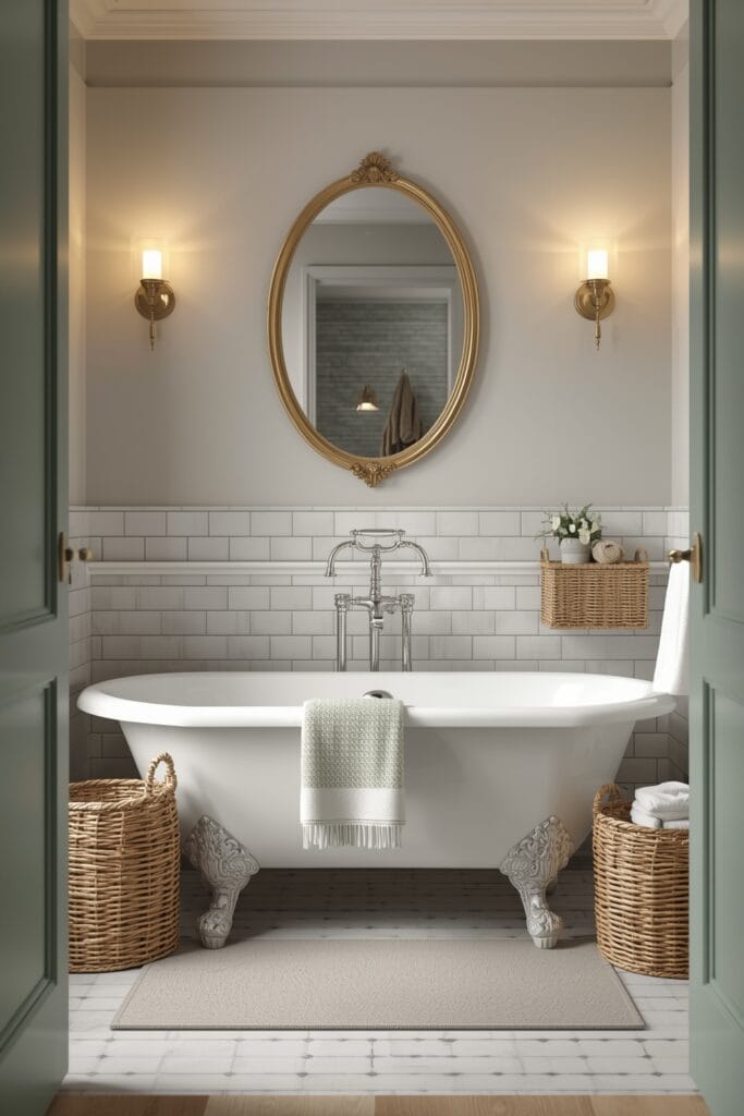 Salle de bain cottage anglais avec baignoire sur pieds et accessoires en osier