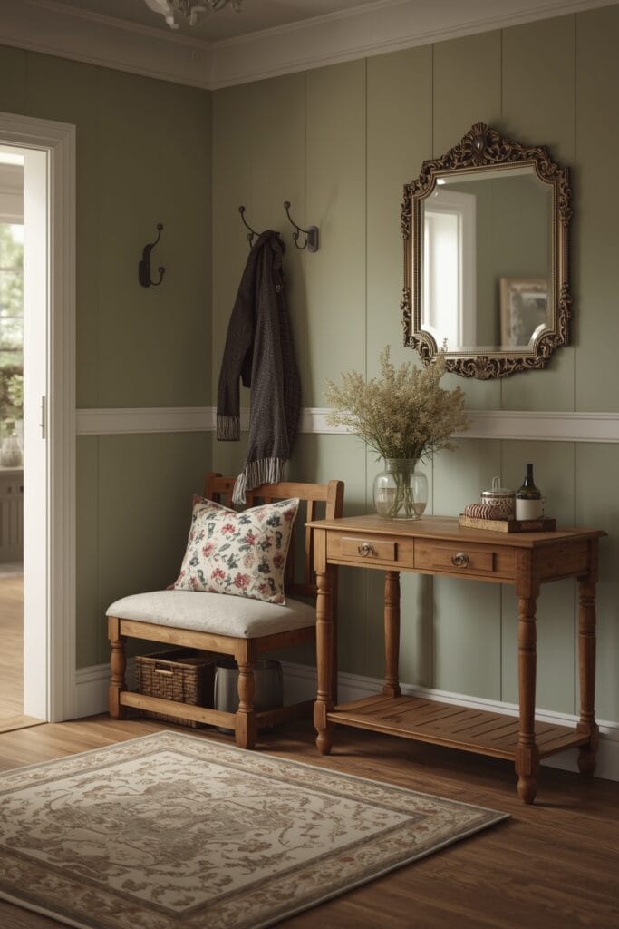 Entrée cottage anglais avec miroir vintage, banc rustique et coussins fleuris