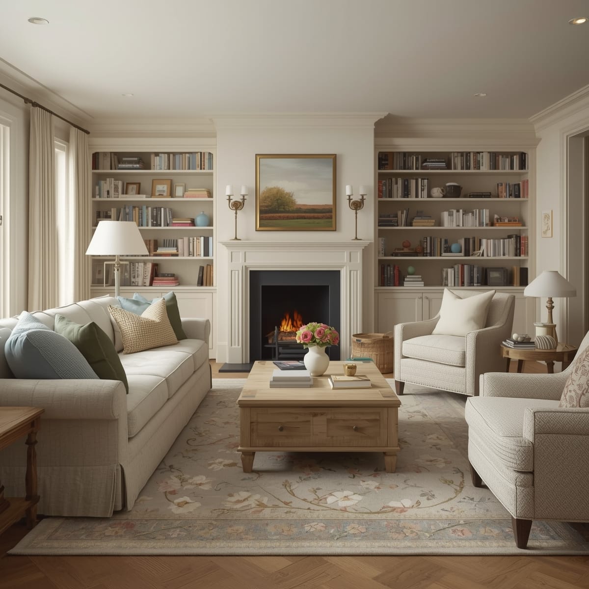 Un salon cosy de cottage anglais avec canapé moelleux, cheminée en pierre, bibliothèque et textiles doux aux couleurs apaisantes